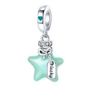 Sterling Silver Mint Green Star 'Lucky' Pendant Charm
